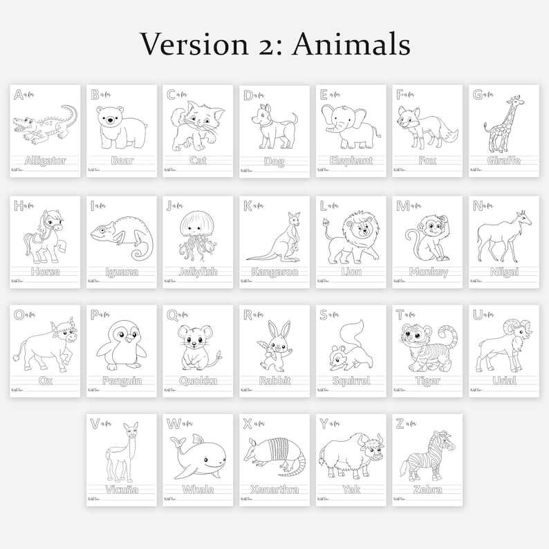 May include: A collection of 26 flashcards, each displaying a different animal illustration alongside a letter of the alphabet. The cards are monochrome, with the title "Version 2: Animals" at the top.