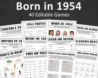 Lot de jeux du 70e anniversaire Jeux de fête du 70e anniversaire 1954 Anecdotes Né en 1954 70 ans Homme Femme Lui Son Quiz MODIFIABLE Instant Digital