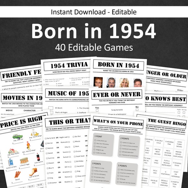 70th Birthday Games Bundle 70th Birthday Party Games 1954 Trivia Born in 1954 70 year old Men Women Him Her Quiz EDITABLE Instant Digital