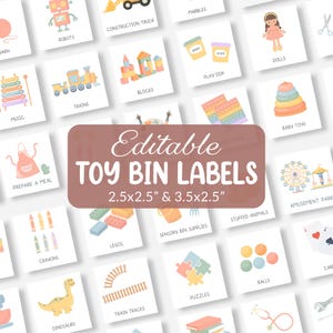 以下が含まれることがあります： ロボット、電車、恐竜などのおもちゃのイラストが描かれた、正方形のおもちゃ箱ラベルのコレクションです。ラベルは白で、カラフルな画像とテキストが含まれており、「Editable TOY BIN LABELS」とサイズ寸法も記載されています。