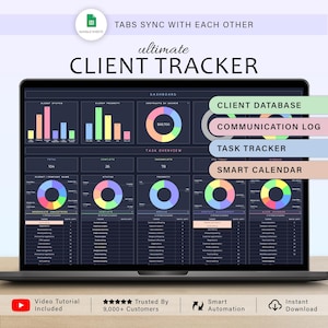 May include: A laptop displays a digital client tracker interface. The screen shows charts, graphs, and data visualizations with labels like "Client Database" and "Task Tracker." The words "Ultimate Client Tracker" are at the top. Additional text includes "Video Tutorial Included" and "Instant Download."