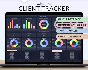 Może przedstawiać: Laptop wyświetla cyfrowy interfejs śledzenia klienta. Ekran pokazuje wykresy i wizualizacje danych z etykietami takimi jak "Client Database" i "Task Tracker". Tekst "Ultimate Client Tracker" znajduje się na górze. Zawiera "Video Tutorial Included".