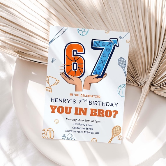 Six Seven Sports Birthday Invitation I was 6 Now I Am 7 Invitation 6-7 Meme Party Sports Theme 7th Birthday Invite 6 7 Boy Kid EDITABLE