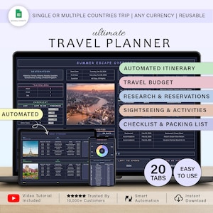 May include: A digital travel planner displayed on a laptop, tablet, and smartphone. The planner features sections for automated itinerary, travel budget, and checklist. Text includes "ultimate TRAVEL PLANNER", "20 TABS", and "EASY TO USE".