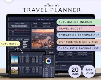 May include: A digital travel planner displayed on a laptop, tablet, and smartphone. The planner features sections for automated itinerary, travel budget, and checklist. Text includes "ultimate TRAVEL PLANNER", "20 TABS", and "EASY TO USE".