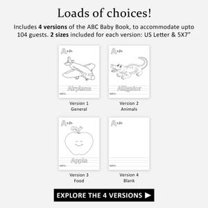 May include: An image shows four versions of an ABC Baby Book, each with a different illustration: an airplane, an alligator, an apple, and a blank page. The text "Loads of choices!" and "Explore the 4 versions" are also visible.