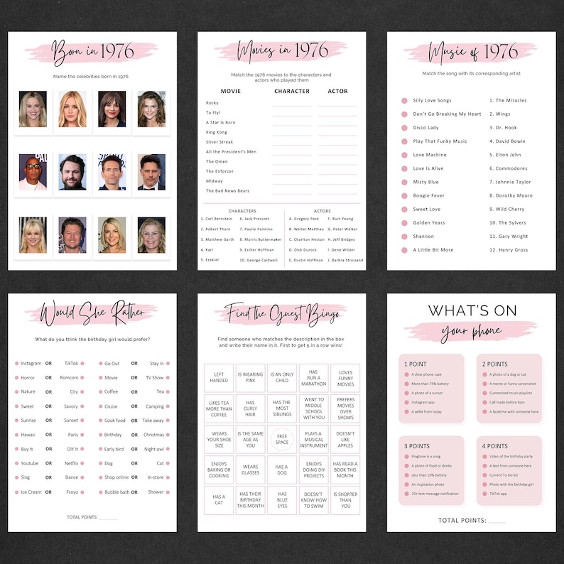 Pode incluir: Um conjunto de seis jogos de festa imprim&iacute;veis com um design rosa e branco. Os jogos incluem "Born in 1976", "Movies in 1976", "Music of 1976", "Would She Rather", "Find the Guest Bingo" e "What's on Your Phone".