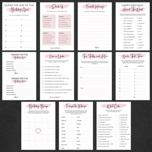 Pode incluir: Uma cole&ccedil;&atilde;o de jogos imprim&iacute;veis para festas de anivers&aacute;rio com detalhes em rosa e fontes manuscritas. Os jogos incluem "Adivinhe a idade", "Beba", "Mem&oacute;ria favorita", "Feliz anivers&aacute;rio ao redor do mundo" e muito mais. Perfeito para uma celebra&ccedil;&atilde;o de anivers&aacute;rio divertida e interativa.