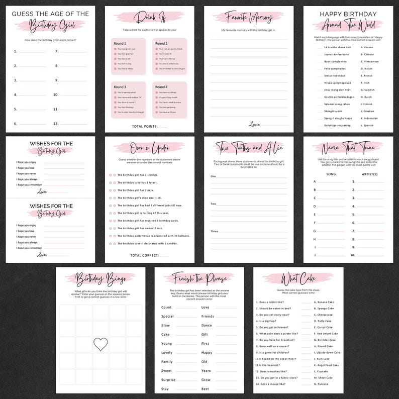 Pode incluir: Uma cole&ccedil;&atilde;o de jogos imprim&iacute;veis para festas de anivers&aacute;rio com detalhes em rosa e fontes manuscritas. Os jogos incluem "Adivinhe a idade", "Beba", "Mem&oacute;ria favorita", "Feliz anivers&aacute;rio ao redor do mundo" e muito mais. Perfeito para uma celebra&ccedil;&atilde;o de anivers&aacute;rio divertida e interativa.