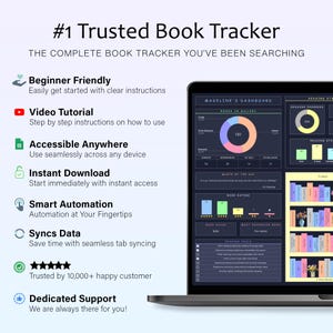May include: A laptop screen displays a book tracker interface with charts and book covers. The text reads "#1 Trusted Book Tracker" and highlights features like "Beginner Friendly" and "Instant Download."