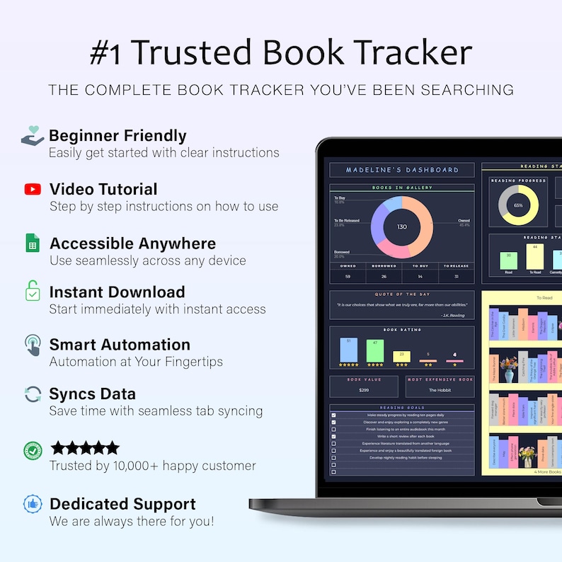 May include: A laptop screen displays a book tracker interface with charts and book covers. The text reads "#1 Trusted Book Tracker" and highlights features like "Beginner Friendly" and "Instant Download."