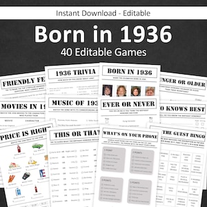 May include: A set of printable party games with a 1936 theme, including trivia and bingo. The games are designed for instant download and are editable. The pack contains 40 different games.