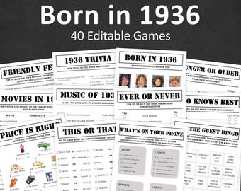 90th Birthday Games Bundle 90th Birthday Party Games 1936 Trivia Born in 1936 90 Year Old Men Women Him Her Quiz EDITABLE Instant Digital