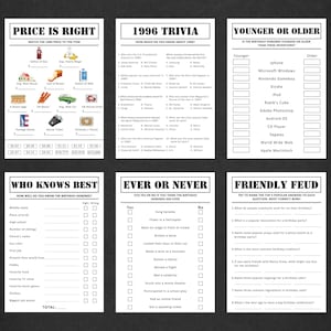 Może przedstawiać: Zestaw sześciu białych arkuszy do gier z czarnym tekstem. Gry obejmują "Price is Right", "1996 Trivia", "Younger or Older", "Who Knows Best", "Ever or Never" i "Friendly Feud". Idealne na przyjęcie urodzinowe.