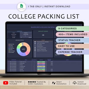 May include: A laptop screen displays a college packing list template. The spreadsheet includes sections for categories, items, quantities, and status. Text on the screen highlights features like 9 categories, 400+ items, and an expense tracker. The template is designed for Google Sheets.
