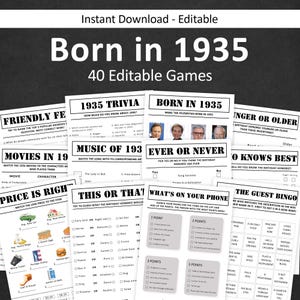 90e verjaardag gamesbundel 90e verjaardag feestgames 1935 trivia geboren in 1935 90-jarige man vrouw hem haar quiz BEWERKBAAR direct digitaal