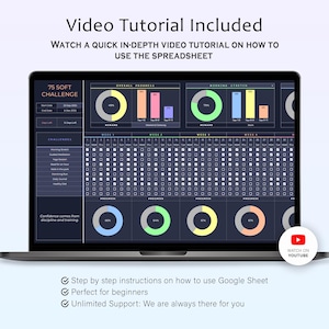 Puede incluir: Un ordenador port&aacute;til que muestra una hoja de c&aacute;lculo con gr&aacute;ficos de progreso y un rastreador de desaf&iacute;o 75 Soft. La pantalla muestra la visualizaci&oacute;n de datos con el texto "Video Tutorial Included" y "Watch on YouTube".