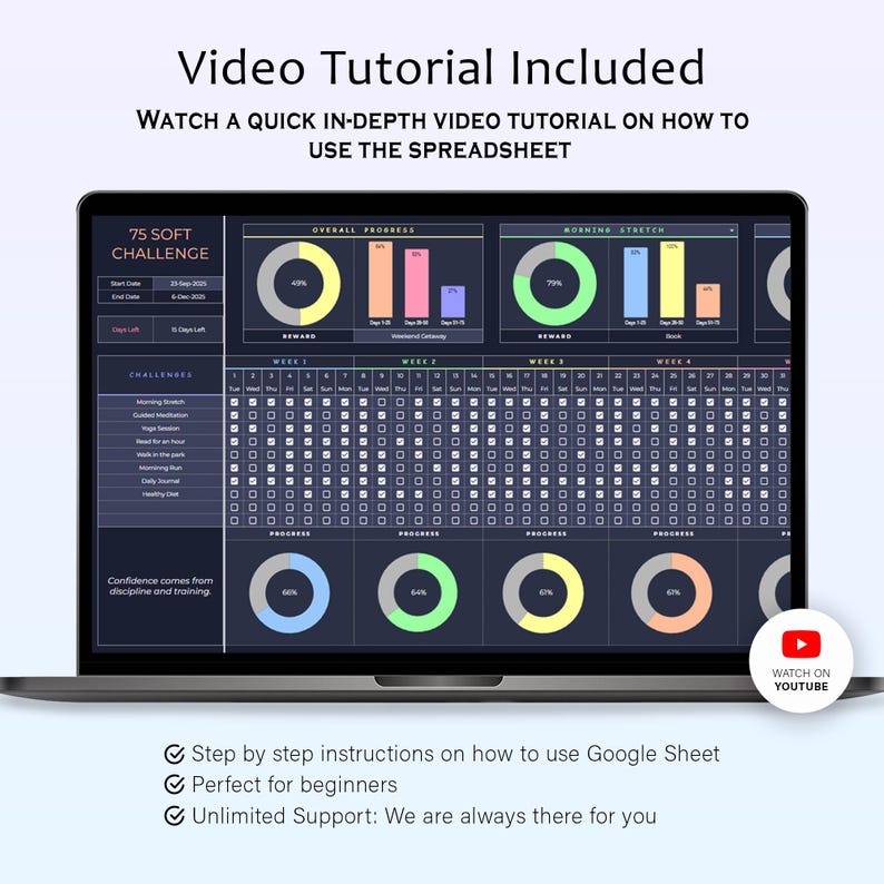 Puede incluir: Un ordenador port&aacute;til que muestra una hoja de c&aacute;lculo con gr&aacute;ficos de progreso y un rastreador de desaf&iacute;o 75 Soft. La pantalla muestra la visualizaci&oacute;n de datos con el texto "Video Tutorial Included" y "Watch on YouTube".