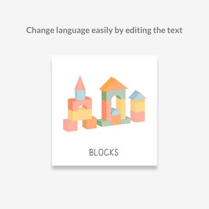 May include: A set of colorful wooden blocks stacked to form a tower. The blocks are in shades of pink, yellow, blue, and green. The text "BLOCKS" is written below the tower.