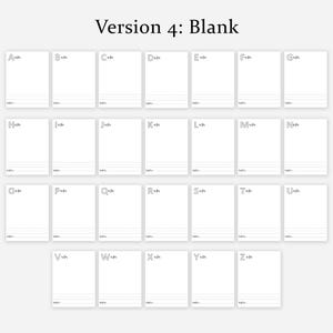 May include: A set of 26 white cards, each featuring a letter of the alphabet at the top and three horizontal lines at the bottom. The text "Version 4: Blank" is at the top of the image.