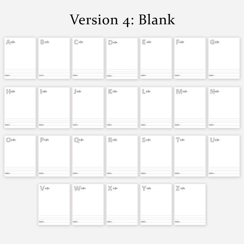 May include: A set of 26 white cards, each featuring a letter of the alphabet at the top and three horizontal lines at the bottom. The text "Version 4: Blank" is at the top of the image.