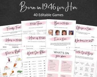 女性のための80歳の誕生日ゲーム 80歳の誕生日パーティーゲーム 1946年生まれのゲーム 1946年トリビアクイズアクティビティバンドル インスタントデジタル 編集可能