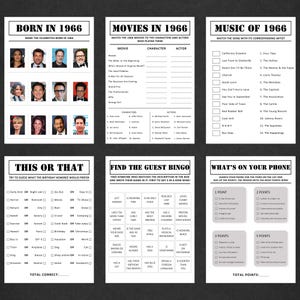 Puede incluir: Una colecci&oacute;n de seis hojas de juego en blanco y negro con texto y secciones para rellenar. Los juegos incluyen trivia sobre 1966, un juego de "Esto o aquello", un juego de bingo y un juego de "Qu&eacute; hay en tu tel&eacute;fono".