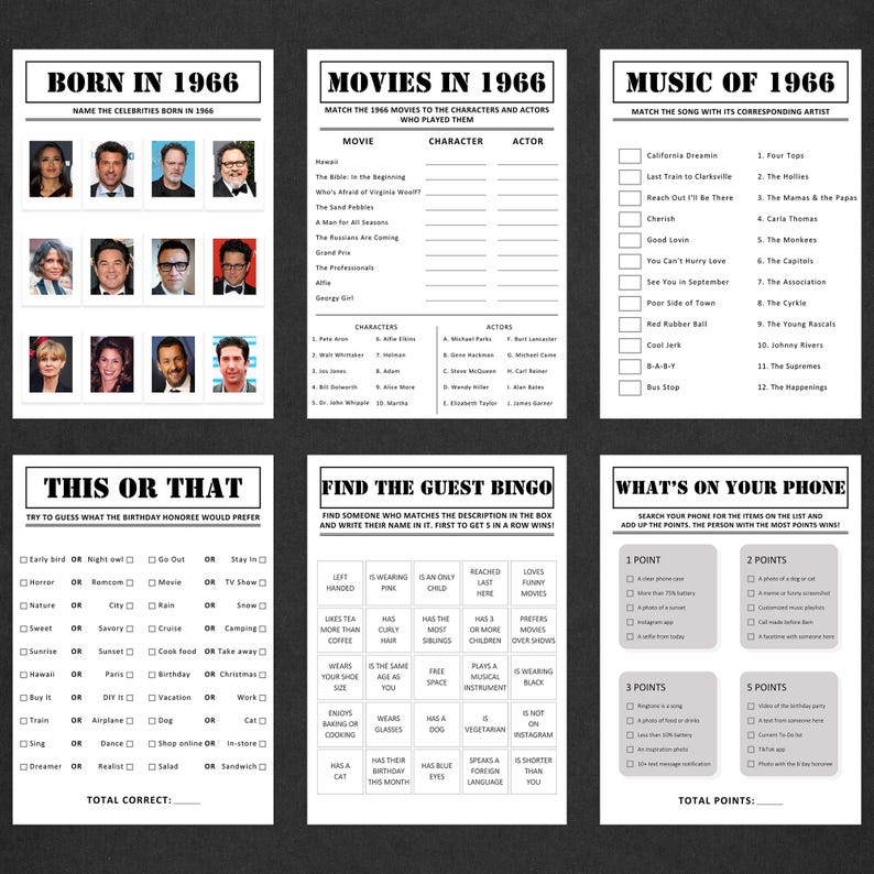 Puede incluir: Una colecci&oacute;n de seis hojas de juego en blanco y negro con texto y secciones para rellenar. Los juegos incluyen trivia sobre 1966, un juego de "Esto o aquello", un juego de bingo y un juego de "Qu&eacute; hay en tu tel&eacute;fono".