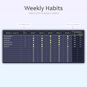 May include: A dark blue weekly habits tracker with the title "Weekly Habits" and the text "Track up to 13 weekly habits!". The tracker includes sections for weekly goals and progress tracking, with checkboxes for each week.