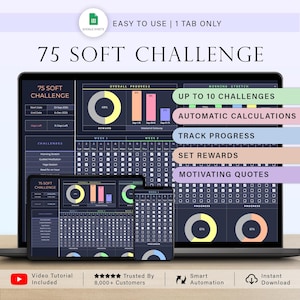 以下が含まれることがあります： ラップトップ、タブレット、電話に表示される「75 Soft Challenge」というタイトルのデジタルスプレッドシートテンプレート。テンプレートには、進捗状況の追跡、自動計算、モチベーションを高める引用が含まれています。画像には「Easy to Use | 1 Tab Only」というテキストも含まれています。