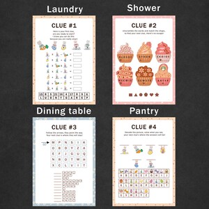 K&ouml;nnte beinhalten: Ein druckbares Schnitzeljagd-Spiel f&uuml;r Kinder mit vier Hinweisen. Jeder Hinweis zeigt einen anderen Raum in einem Haus: Waschk&uuml;che, Dusche, Esstisch und Speisekammer. Die Hinweise sind mit niedlichen Comic-Hasen illustriert und beinhalten das L&ouml;sen von R&auml;tseln, das Entschl&uuml;sseln von Bildern und das Finden von versteckten W&ouml;rtern.