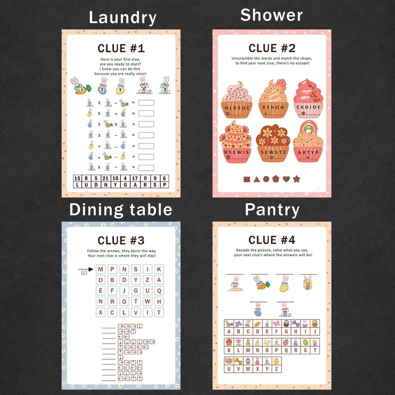 K&ouml;nnte beinhalten: Ein druckbares Schnitzeljagd-Spiel f&uuml;r Kinder mit vier Hinweisen. Jeder Hinweis zeigt einen anderen Raum in einem Haus: Waschk&uuml;che, Dusche, Esstisch und Speisekammer. Die Hinweise sind mit niedlichen Comic-Hasen illustriert und beinhalten das L&ouml;sen von R&auml;tseln, das Entschl&uuml;sseln von Bildern und das Finden von versteckten W&ouml;rtern.