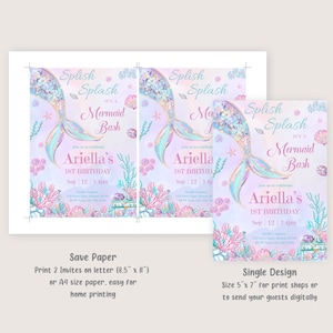 K&ouml;nnte beinhalten: Einladungen zum Geburtstag mit Meerjungfrauen-Motiv. Das Design zeigt eine Meerjungfrauenschwanz, Korallen und den Text "Splish Splash It's a Mermaid Bash". Die Einladung enth&auml;lt den Namen "Ariella", das Datum und die Uhrzeit der Party. Die Einladungen sind in zwei Gr&ouml;&szlig;en erh&auml;ltlich.