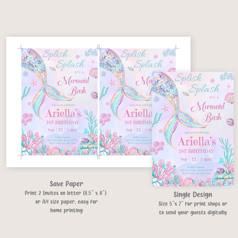 K&ouml;nnte beinhalten: Einladungen zum Geburtstag mit Meerjungfrauen-Motiv. Das Design zeigt eine Meerjungfrauenschwanz, Korallen und den Text "Splish Splash It's a Mermaid Bash". Die Einladung enth&auml;lt den Namen "Ariella", das Datum und die Uhrzeit der Party. Die Einladungen sind in zwei Gr&ouml;&szlig;en erh&auml;ltlich.