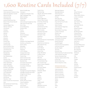 May include: A colorful chart with a list of 1,600 routine cards included. The chart is divided into categories such as holidays, seasons, and events. Each category has a list of days or events, such as Summer Solstice, Christmas, and Birthday. The chart also includes a section on behavior and communication with a list of words and phrases.