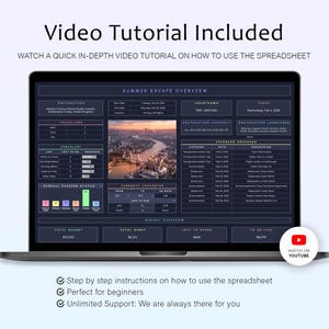 May include: A laptop screen showing a travel spreadsheet with a summer escape overview. The display includes destination details, currency conversion, and upcoming bookings. The text "Video Tutorial Included" is at the top, with a YouTube logo.
