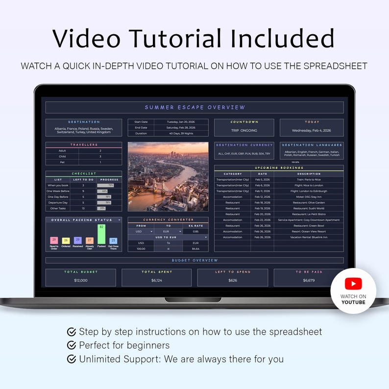 May include: A laptop screen showing a travel spreadsheet with a summer escape overview. The display includes destination details, currency conversion, and upcoming bookings. The text "Video Tutorial Included" is at the top, with a YouTube logo.
