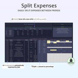 May include: A digital expense tracker titled "Split Expenses" designed to easily split expenses between friends. The tracker displays sections for expenses, amounts, and payment details. Text states expenses are automatically organised by date.