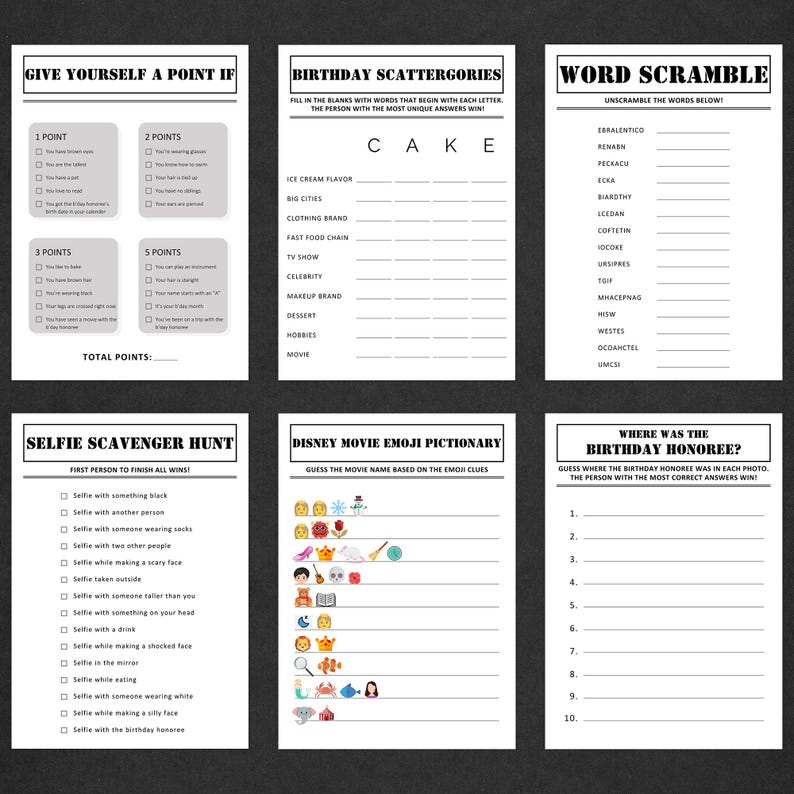 Pode incluir: Uma cole&ccedil;&atilde;o de jogos de festa imprim&iacute;veis em papel branco. Os jogos incluem um question&aacute;rio baseado em pontos, um Scattergories com tema de anivers&aacute;rio, uma mistura de palavras, uma ca&ccedil;a ao tesouro de selfies, um dicion&aacute;rio de emojis de filmes da Disney e um jogo de adivinha&ccedil;&atilde;o de anivers&aacute;rio.