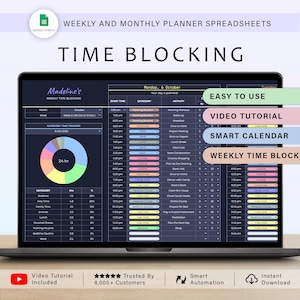 May include: A laptop shows a time-blocking spreadsheet template. The template has columns for start time, category, and activity, with a colour-coded pie chart. Text on the screen reads "Weekly and Monthly Planner Spreadsheets" and "Time Blocking."