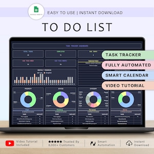 May include: A laptop screen displays a digital to-do list template. The interface features a task tracker dashboard with sections for total tasks, progress, and due dates. Colorful charts and graphs are included. The screen also displays the text "Easy to Use | Instant Download".