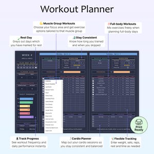 May include: A digital workout planner with sections for muscle group workouts, full-body workouts, and cardio planning. The planner includes sections for tracking progress, rest days, and staying consistent with exercise routines. The text "Workout Planner" is at the top.