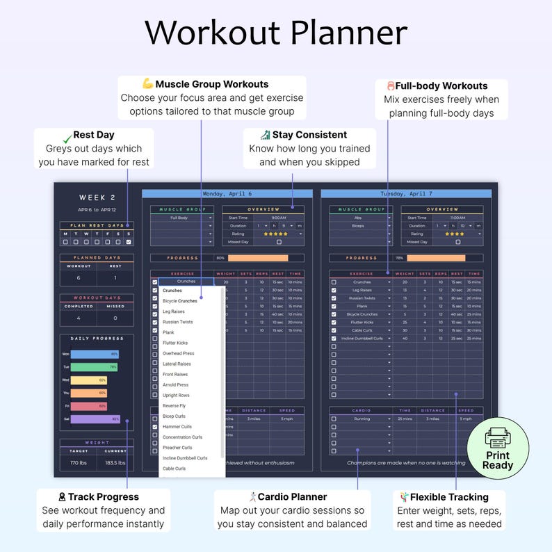 May include: A digital workout planner with sections for muscle group workouts, full-body workouts, and cardio planning. The planner includes sections for tracking progress, rest days, and staying consistent with exercise routines. The text "Workout Planner" is at the top.