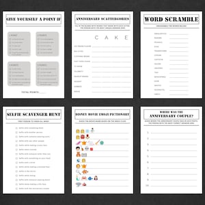 May include: A collection of six printable game sheets on white paper. Games include "Give Yourself a Point If", "Anniversary Scattergories", "Word Scramble", "Selfie Scavenger Hunt", "Disney Movie Emoji Pictionary", and "Where Was the Anniversary Couple?"