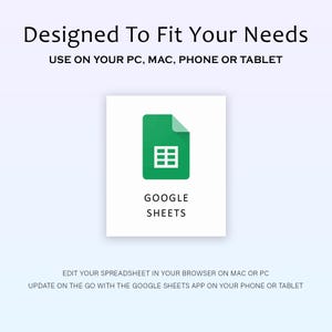 May include: A graphic promoting Google Sheets. The image features a green document icon with a grid, labeled "GOOGLE SHEETS." Text above reads "Designed To Fit Your Needs" and "USE ON YOUR PC, MAC, PHONE OR TABLET."
