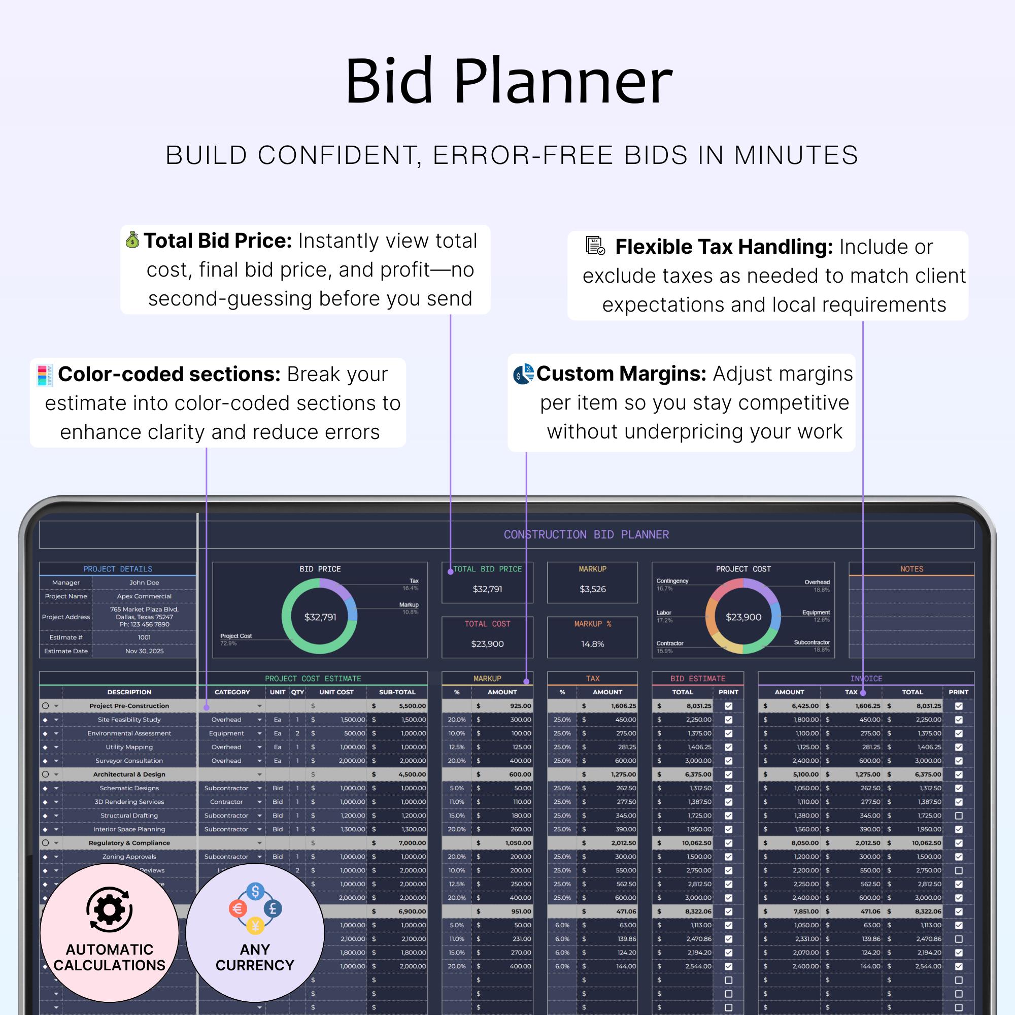Construction Estimate Template Construction Budget Bid Planner Building ...