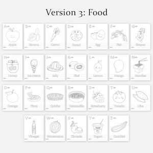 May include: A grid of black and white food illustrations on individual cards. The cards display foods such as apples, bananas, carrots, donuts, eggs, fish, grapes, honey, ice cream, jelly, kiwi, lemons, mango, noodles, oranges, pizza, quiche, ratatouille, strawberries, tomatoes, ube, vinegar, watermelon, ximenia, yogurt, and zucchini.