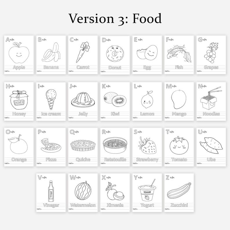 May include: A grid of black and white food illustrations on individual cards. The cards display foods such as apples, bananas, carrots, donuts, eggs, fish, grapes, honey, ice cream, jelly, kiwi, lemons, mango, noodles, oranges, pizza, quiche, ratatouille, strawberries, tomatoes, ube, vinegar, watermelon, ximenia, yogurt, and zucchini.