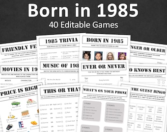 Paquete de juegos para el 40.° cumpleaños Juegos para la fiesta del 40.° cumpleaños Trivialidades de 1985 Nacido en 1985 Hombres de 40 años Mujeres Él Ella Cuestionario EDITABLE Digital instantáneo
