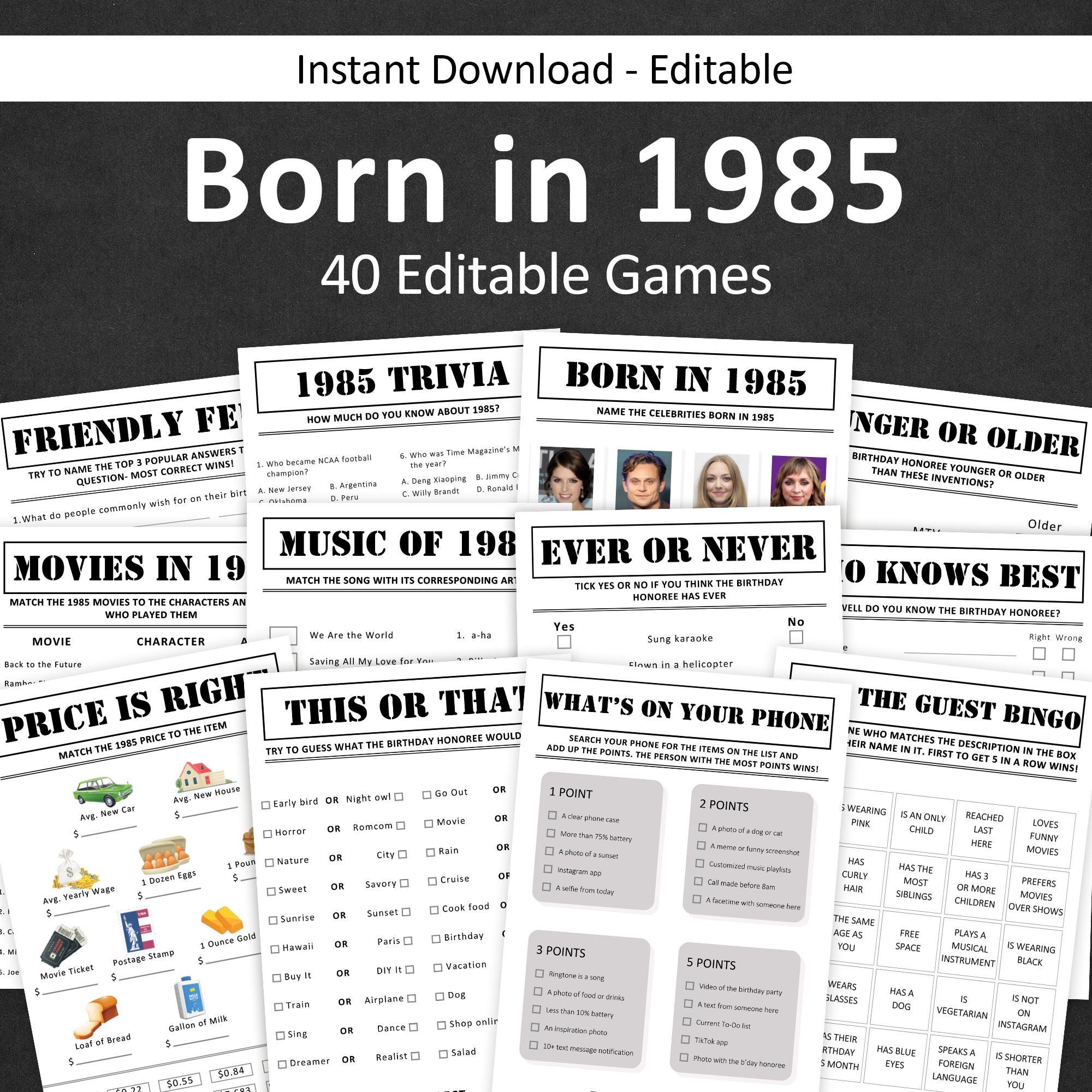 40th Birthday Games Bundle 40th Birthday Party Games 1985 Trivia Born in 1985 40 Year Old Men Women Him Her Quiz EDITABLE Instant Digital